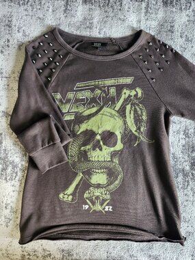 Grey Vexy Graphic Skull Snake Sweatshirt w/ spike stud shoulders
